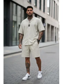 Compleu de vara camasa oversize + pantaloni bej 2506